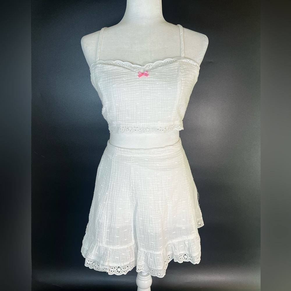NWT Forever 21 white eyelet cropped top skirt set pink bow cotton m medium